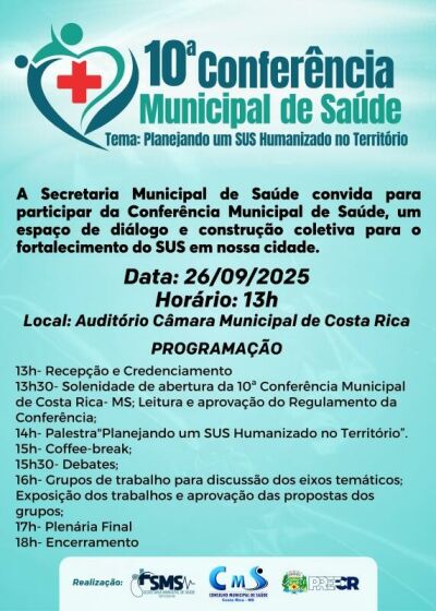 Imagem da notícia Prefeito delegado Cleverson convoca população para 10ª Conferência Municipal de Saúde em Costa Rica